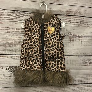 Betsey Johnson Animal Print Girls Zip Front Vest W/Fur Trim Cheetah size…
